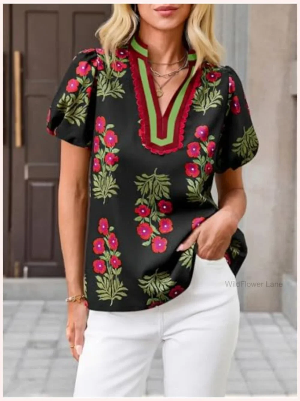 Women's Floral Puff Sleeve V Neck Blouse - Relaxed Fit Casual Top